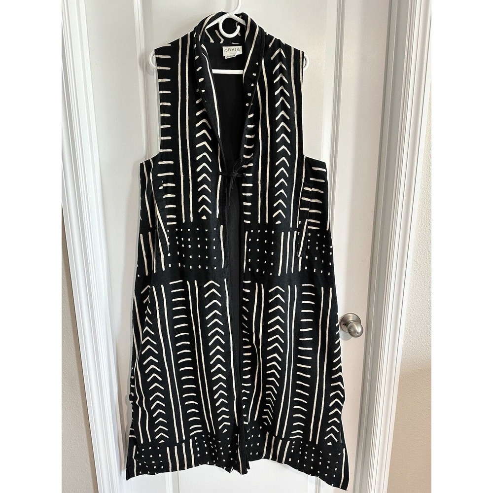 ORVIS Ethnic Mudcloth Coat‎ Mud Cloth Duster Vest Black White Cotton Print S